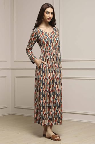 Image of BIBA Women Cotton Blend Flared Printed Dress