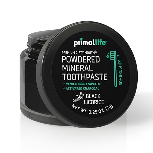 Image of Primal Life Organics - Dirty Mouth Toothpowder, Activated Charcoal Tooth Cleaning Powder, Essential Oils Natural Kaolin Bentonite Clay, 60+ Brushings, Organic Vegan (Charcoal Black Licorice, 0.25 oz)