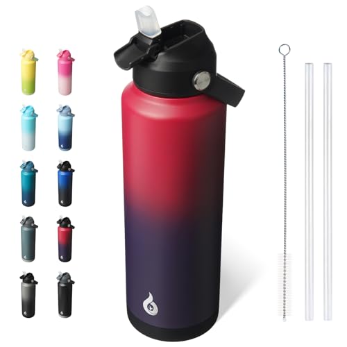 Image of BJPKPK Insulated Water Bottle with Straw Lid, 40oz Large Thermo, BPA Free Leak Proof Stainless Steel Metal Water Bottles, Tumblers, Cups, Flasks for Travel, Sports,Charming Red