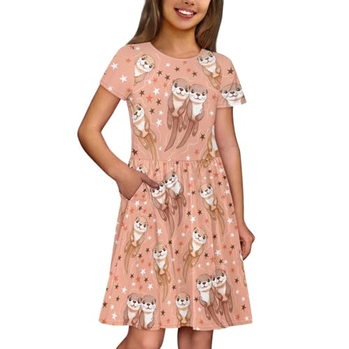 Girls Cute Spring Dress Size 2-14 Short Sleeve Swing Twirl Dress Crew Neck Midi Dress with Pockets4