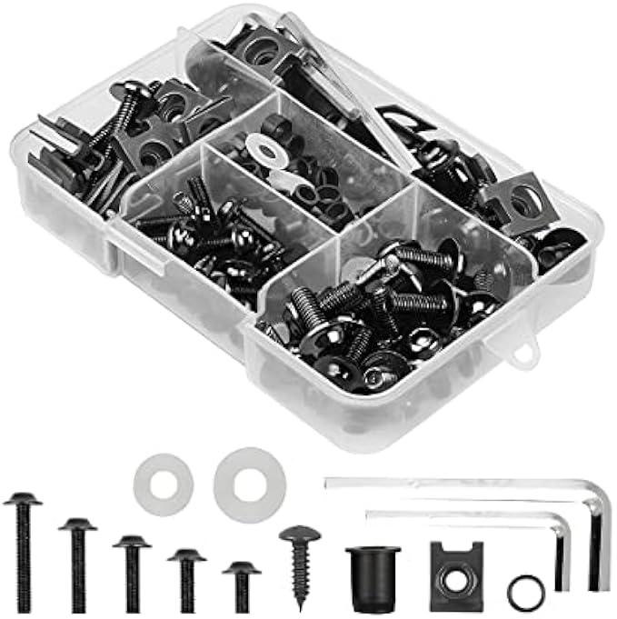 Motorcycle Fairing Bolt Kit, 177pcs M5 M6 Motorcycle Windscreen Screws, Aluminum Fasteners Fairing Bolts Nut Clips Kit, Mounting Kits Washers Nuts Screws Assortment for Sport Bikes (Black)