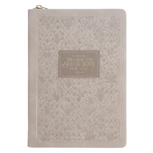 Image of Christian Art Gifts Inspirational Zippered Journal, My Grace is Sufficient for You Wide Ruled Notebook, 2 Cor. 12:9 Bible Verse, Taupe Vegan Leather, 336 Lined Pages w /scripture, (9 inch x 6.4 inch x .9 inch)