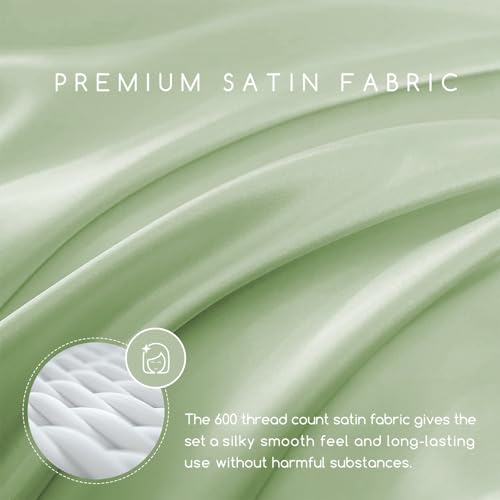 Image of MR&HM Satin Bed Sheets with Elastic Corner Straps, Full Size Sheets Set, 4 Pcs Silky Bedding Set with 15 Inches Deep Pocket for Mattress (Full, Light Sage)