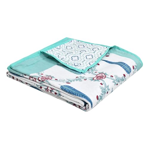 Image of BLOCKS OF INDIA Hand Block Printed Cotton Single Size Reversible Malmal Dohar for Summer (Turq Patti)