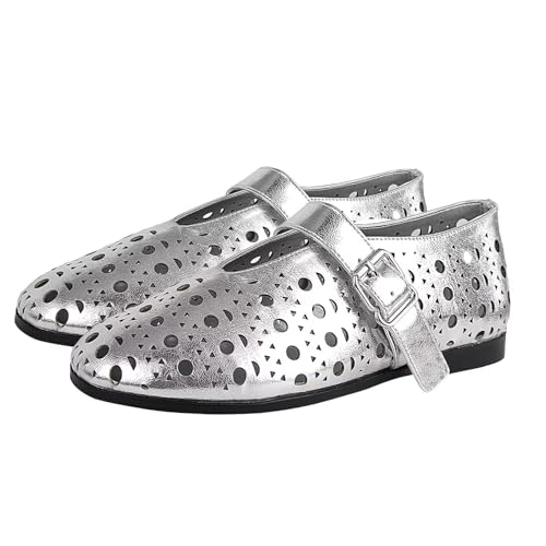 Agodor Ballerina Flats for Women,Hollow Out Round Toe Mary Jane Flats Buckle Strap Low Heel Ballet Flats Shoes for Women,Casual Comfy Daily Dress Shoes Silver US92