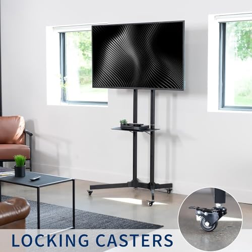Image of BIG VUE Mobile TV Cart with Wheels for 32-65 Inch LCD LED 4K Flat Screen TVs, Movable TV Floor Stand with Shelf Holds Up to 110 lbs | Adjustable Height Trolley Max VESA 600 x 400 mm