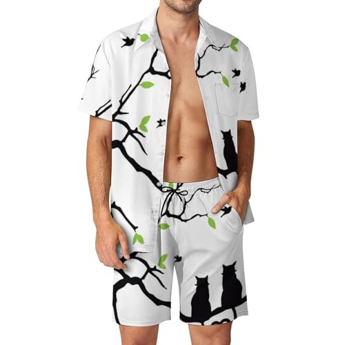 Chemise Hawaïenne Hommes Arbre Et Chat avec Short et Pantalon de Plage d'Été 2 Pièces S