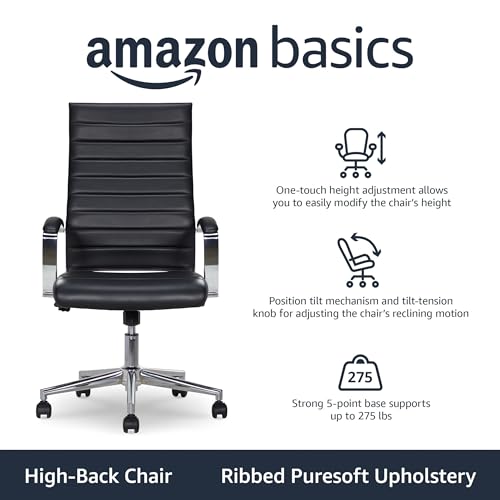 Image of Amazon Basics High-Back Swivel Office Chair with Lumbar Support, Ergonomic Ribbed Faux Leather, Adjustable Height, 45.25 inch x 24.75 inch x 23.25 inch, Black