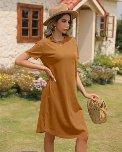 Image of Dyexces Summer Dress for Women Crew Neck Short Sleeve Solid Basic T-Shirts Casual Midi Dresses with Pocket