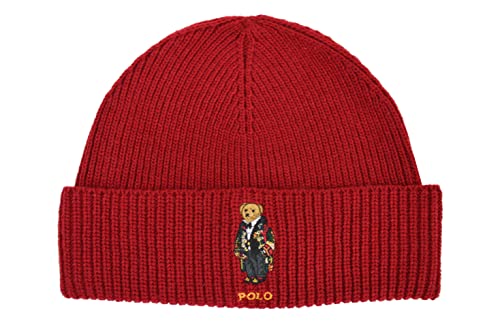 Polo Ralph Lauren Men's Ribbed-Knit Tuxedo Peacoat Polo Bear Beanie Hat (Northwest Red)