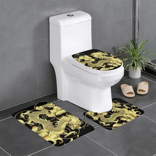 ドラゴン柄 龍 竜 金色 トイレマット 3点セット フタカバー 浴室足ふきマット 吸水 速乾 滑り止め 抗菌 防臭 洗える ふわふわ おしゃれ プレゼント 40x60cm