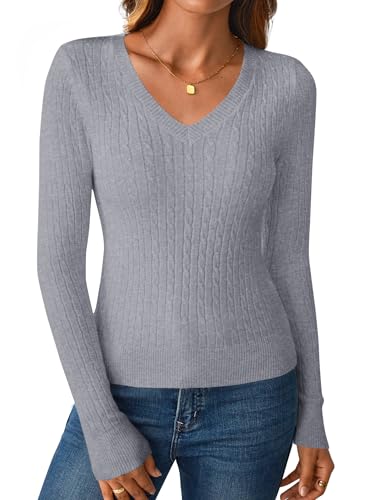Benfoly Women's Long Sleeve V Neck Cable Knit Sweater Jumper 2025 Fall Pullover Top Cute Soft Ladies Dressy Casual Outfits, Grey, Small