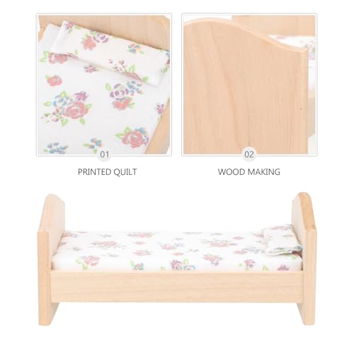 Abaodam Puppenhaus Kinderbett Puppenhausmöbel Holz -miniaturmöbel Puppenbett Mit Bettwäsche Kissen Miniaturbett Holz Dekoration Bettmodell Kinderzimmer Baumwolle