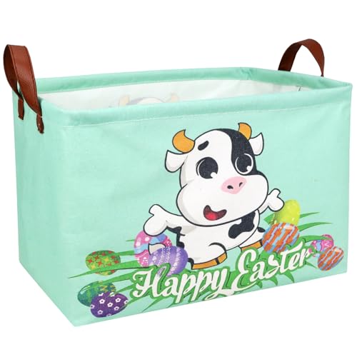 Image of Cow Easter Basket for Kid Large Empty Baby Rectangular Cute Easter Gift Storage Basket Bunny Eggs Decor (Cow)