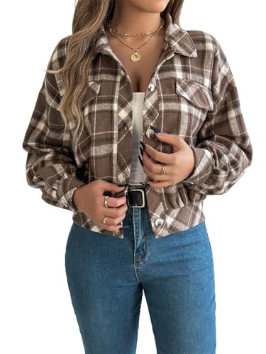 AMOMA Women's Long Sleeve Cropped Flannel Plaid Shacket Button Down Plaid Crop Short Jacket Coat3