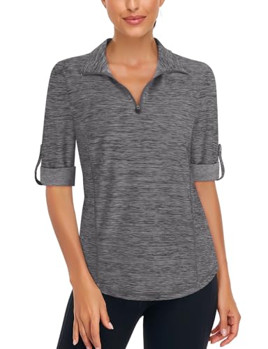 LURANEE Womens 3/4 Roll Sleeve 1/4 Zip Pullover Golf Shirts Athletic Hiking Running Workout Tops UPF 50+2