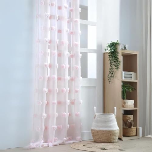 Lovely Casa – Visillo de fantasía con Pompones de poliéster Rosa Claro 140 x 260 cm