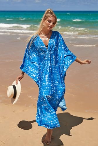 Image of IMAGEKOPE Women's Plus Size Animal Print V-Neck Batwing Kaftan Beach Dress Bathing Suit Cover-Up Loungewear