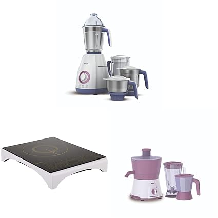 Philips Viva Collection Mixer Grinder, 750Ws, 4 Jars &PHILIPS Viva Collection 2100-Watt Induction Cooktop with Sensor Touch&Philips 600W Turbo Juicer Mixer Grinder with 3 Jars