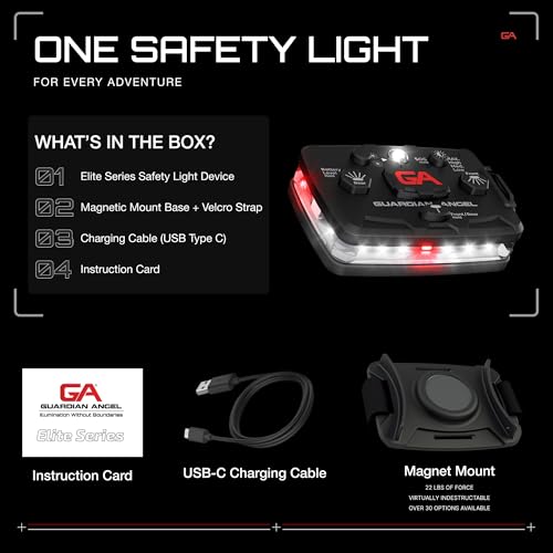 Image of Guardian Angel Elite Series Safety Light, Beacon Device (White Front & White /Red Rear) Rechargeable, Magnetic, Hands-Free Wearable & Mountable LED Flashlight For First Responders, Firefighter & Rescue