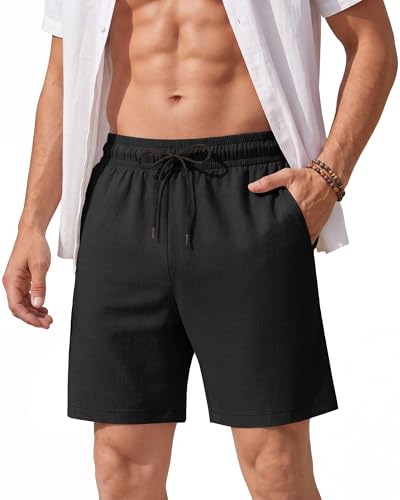 Image of August Alley Men's Linen Shorts with Liner Summer 5 Inch Casual Elastic Waist Drawstring 2 in 1 Beach Shorts with Pockets