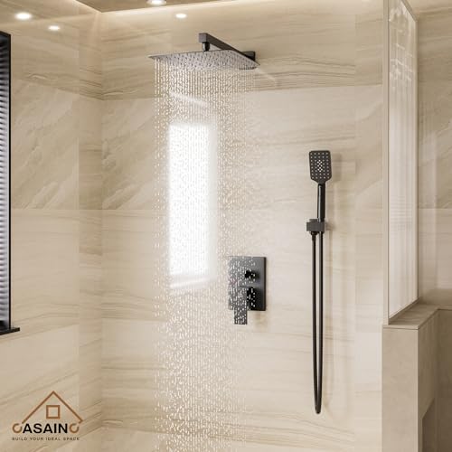 CASAINC Sistema de Ducha 12 Pulgadas Alta Presión, Negro Mate, Montaje de Pared, Cabezal de Ducha Cuadrado con Spray de Mano, Combo Completo con Válvula Antiescaldado miniatura 3