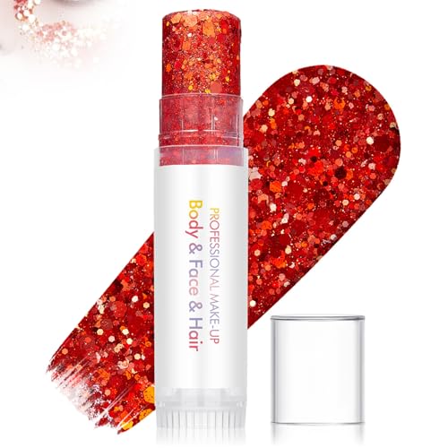 Ruby Red Chunky Glitter Stick – Shimmer for Face Body and Hair, Waterproof Long Lasting Sparkle Highlighter, Easy Glide Festival Makeup for Women – Perfect for Party Rave Halloween Christmas