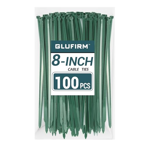 Green Zip Ties 8 inch (100 Pack), 45lb Tensile Strength, Cable Ties for Indoor and Outdoor Use, UV and Cold Resistant Wire Ties for Home, Garden, Fencing, Glufirm