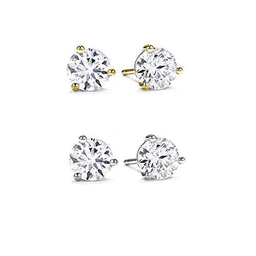 14K Gold Round Stud Earring,Solitaire Round Cubic Zirconia, CZ Stud Earrings with Gold butterfly Pushbacks,3MM-8MM(4SET)