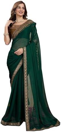 TRENDMALLS Women's Chiffon Embroidered Sequence Border Saree with Blouse Piece