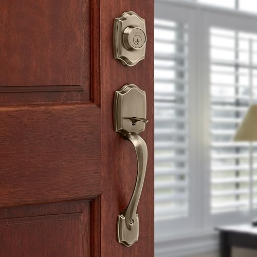 Image of Kwikset Belleview Front Door Lock Handle and Deadbolt Set, Entry Handleset Exterior with Tylo Interior Door Knob, Antique Brass, Pick Resistant SmartKey Rekey Deadbolt Security