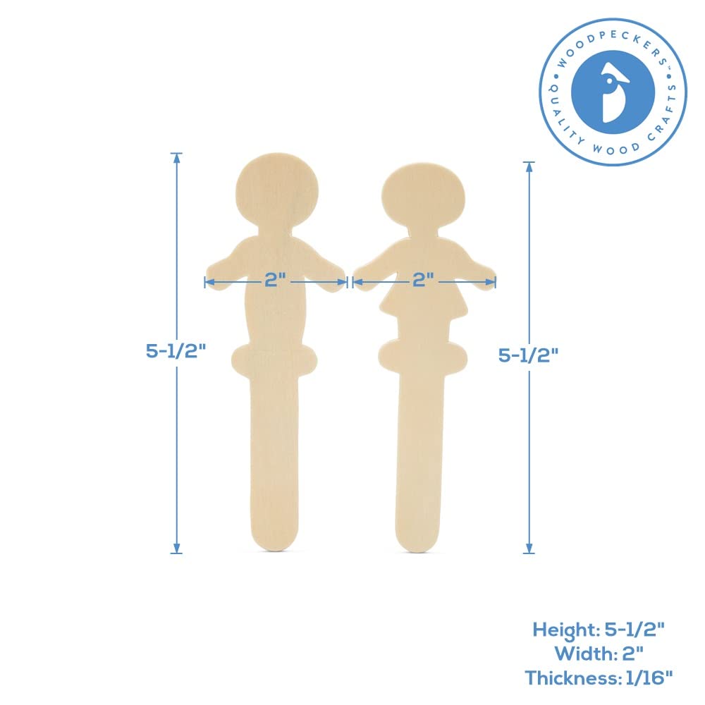 Palitos de madera con forma de gente, 5 pulgadas de alto con una base de 2-1/2 pulgadas, paquete de 50 palitos de manualidades con forma de niño Woodpeckers