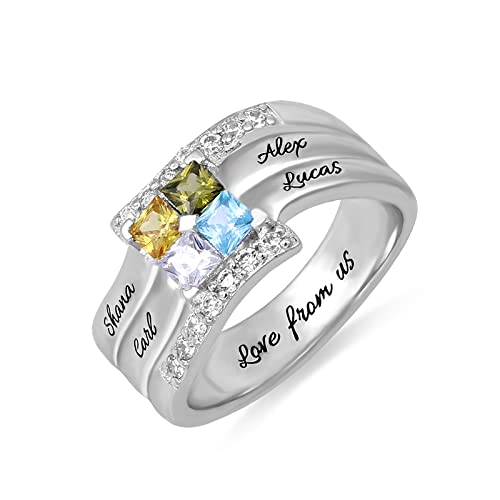 BYFDIY Personalised Mothers Ring with 4 Simulated Square-shaped Birthstones and Name Engravings Promise Rings 925 Sterling Silver Customised Jewellery Engagement Ring Gift for Mom Christmas
