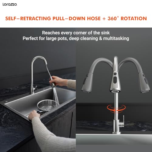 Image of Lorazzo Creo Pull-Down Kitchen Faucet SS304 | Kitchen Sink Tap Faucet - Hot and Cold with 360 Swivel, Dual Spray Modes | Deck Mount Kitchen Tap for Home Sink | 10-Year Lorazzo Limited Warranty