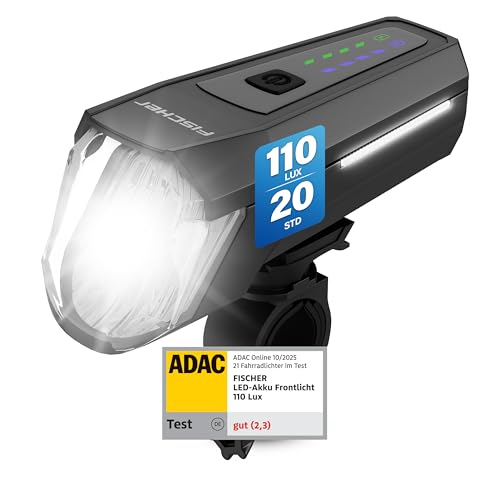FISCHER Fahrrad LED-Frontlicht 110 Lux, mit Sensormodus, Leuchtweiteneinstellung, bis zu 20 Stunden Leuchtdauer, schwarz, 1 Stück