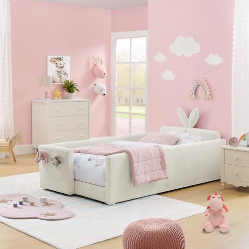 Image of Twin Size Kids Bed with Rabbit Ear Headboard, Upholstered Boucle Fabric Twin Daybed with Slats Support & Side Pockets, Space-Saving Wooden Corner Sofa Couch Bed Frame for Girls, Boys, Teenager(Beige)