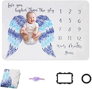 Baby Monthly Milestone Blanket, Large Personalised Baby Milestone Mat for Boys Girls Taking Photos, Soft Thick Baby Age Blanket with 2 Frames & Headband, Unisex, 40x60in (Angel)