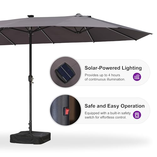 PURPLE LEAF 13ft Patio Market Umbrella with Solar LED and Base Double-Sided Rectangle Outdoor Table Sun Umbrellas with Crank for Pool Beach Deck Backyard Gray — view 4