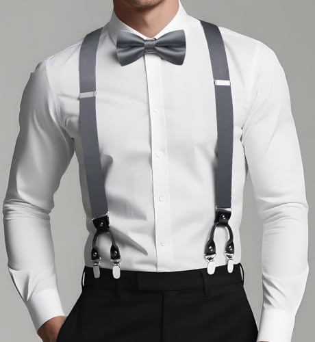 Image of Dubulle Suspender and Bow Tie for Men Paisley Solid Mens Suit Braces Pretied Bowtie and Handkerchief Cufflinks Formal Wedding