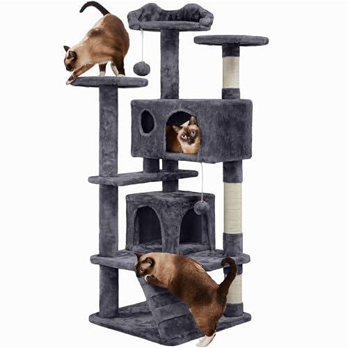 Yaheetech Albero Tiragraffi per Gatti 139 cm con 3 Pali Graffiatoi 3 Posatoi 2 Grotta 2 Pompon in Peluche a Più Livelli Giocattolo Gioco Grigio Scuro