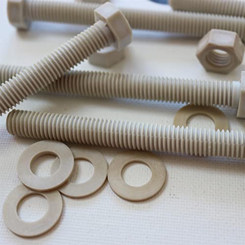 5 x PPS-Sechskantschrauben, M10 x 100 mm, Plastikschrauben und -muttern, Unterlegscheiben, Polyphenylen Sulfid