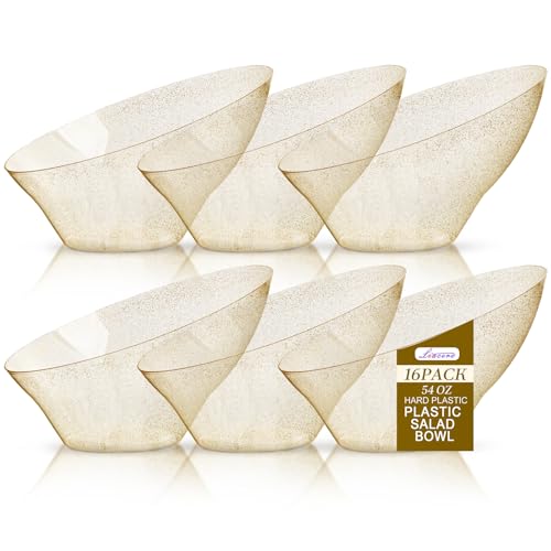 Liacere 16PCS Gold Plastic Serving Bowls - 54 OZ Angled Table Salad and Fruit Bowls Disposable for Chip & Candy - Ideal for Party & New Year