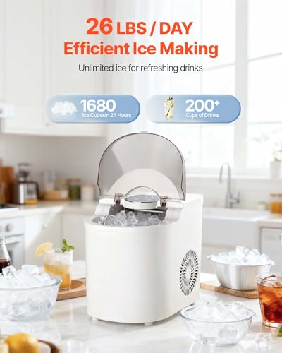 Image of VEVOR Countertop Ice Maker, 7 Cubes Ready in 6 Mins, 26 lbs per Day, Self-Cleaning Portable Machine with Ice Scoop, Ice-Making Machine with 2 Sizes Bullet ICES for Home, Kitchen, Office, Bar & Party