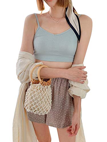 Women Woven Crochet Handbag, Travel Hollow Out Wood Handle Drawstring Bucket Bag Handle Beach Bags2