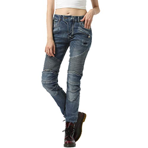 Takuey Women Street Motorcycle Riding Pants Motocross Racing Protective Jeans With Knee Hip Pads (M(30)=Waist 31.5") Blue #TOP1