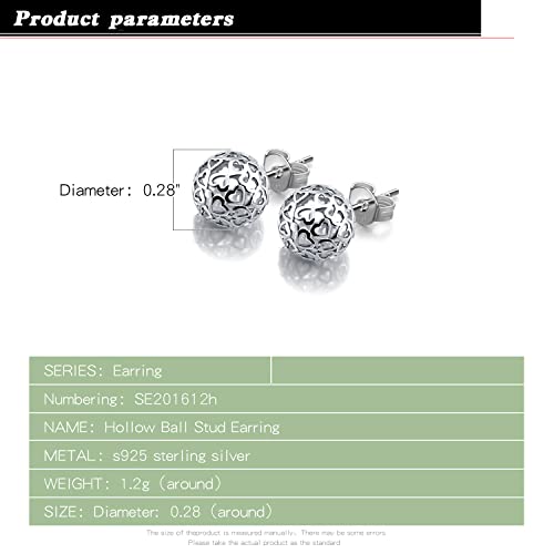 Bohemian - Women's 925 Sterling Silver Earrings - 7mm Hollow Pattern Ball Pendant - Silver Stud Earrings - 24k Gold - Fine Jewelry - Birthday Gift3
