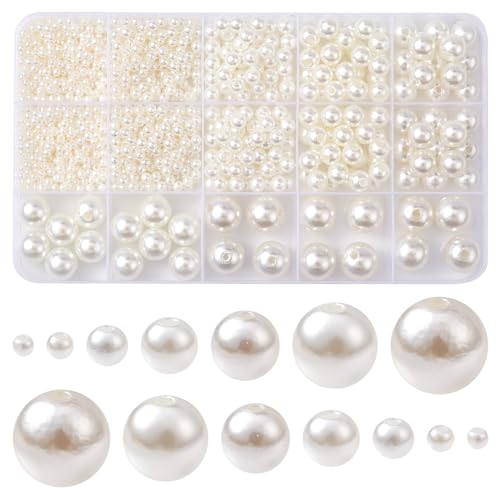 Stiesy Approx 1100pcs White Imitation Round Spacer Bead 3/4/6/8/10/12/14 mm Pearl Beads for Jewellry Making DIY Bracelet Crafting