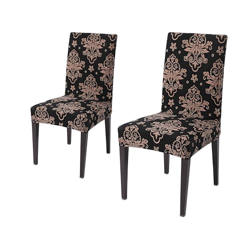 Image of Stretchable Dining Chair Cover - Washable, Removable, Anti-Slip, Protector, Universal Fit (Set of 2, Coffee Baroque Floral)