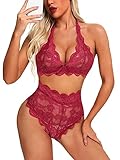 Característica: Conjunto de bralette y panty de lencería sexy para mujer, Bralette cuenta con copas de flores de encaje suave con un borde festoneado y un corte en la espalda, suave, cómodo y transpirable para que las mujeres lo usen.