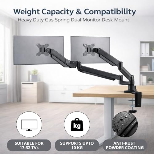 Image of RISSACHI Heavy Duty Dual Monitor Stand for Desk /Table with Gas Spring Height Adjustment for 17-32 inch Screen | Computer Dual Monitors Stand with 10 KG Weight Capacity | VESA Mount,Black